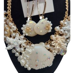 Betsey Johnson Cruise Control Clam Starfish Sea Turtle Pearl Earring + Necklace